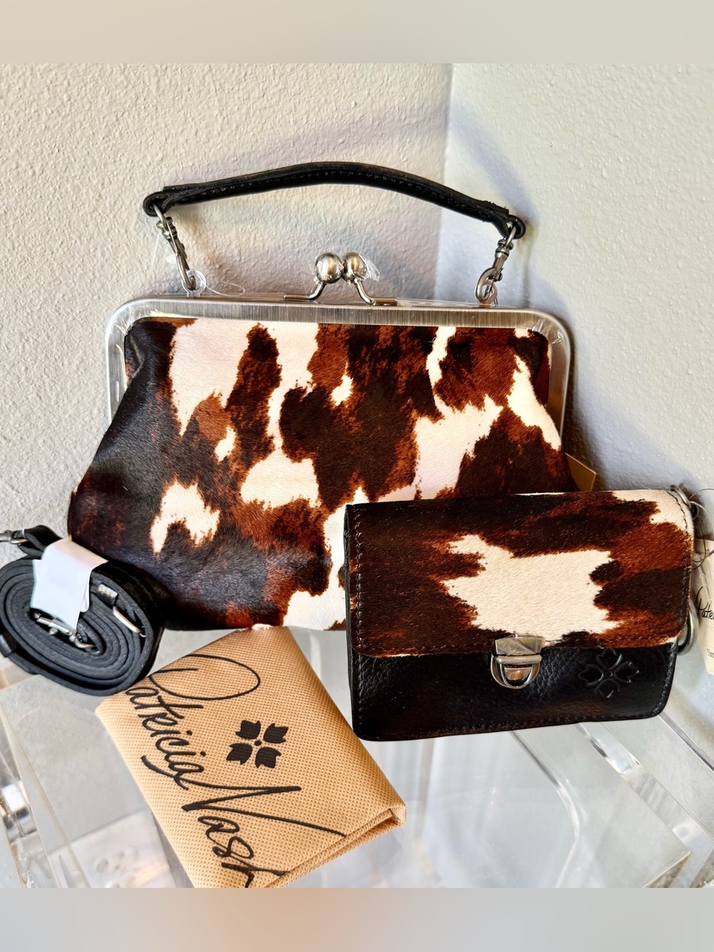 Patricia Nash real fur Cowhide Crossbody & Frame Satchel Set - Brown & White